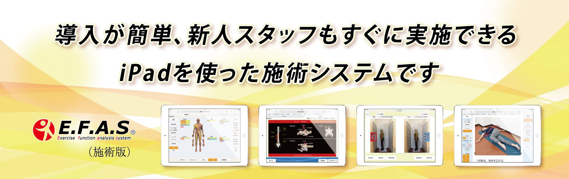 脊柱管狭窄症　五十肩　腰椎ヘルニア　施術法として最適　運動機能分析システム/姿勢検査/施術技術　整体院・整骨院・接骨院・リハビリなどで、腰椎ヘルニア/脊柱管狭窄症/五十肩/変形性膝関節症の早期改善と再発を予防します。運動分析は根本施術として利用される独自の施術方法です。アスリートや大学病院の医師も通われる整体技術です。自費移行や強化を目指す方は、イーファスにお任せください。